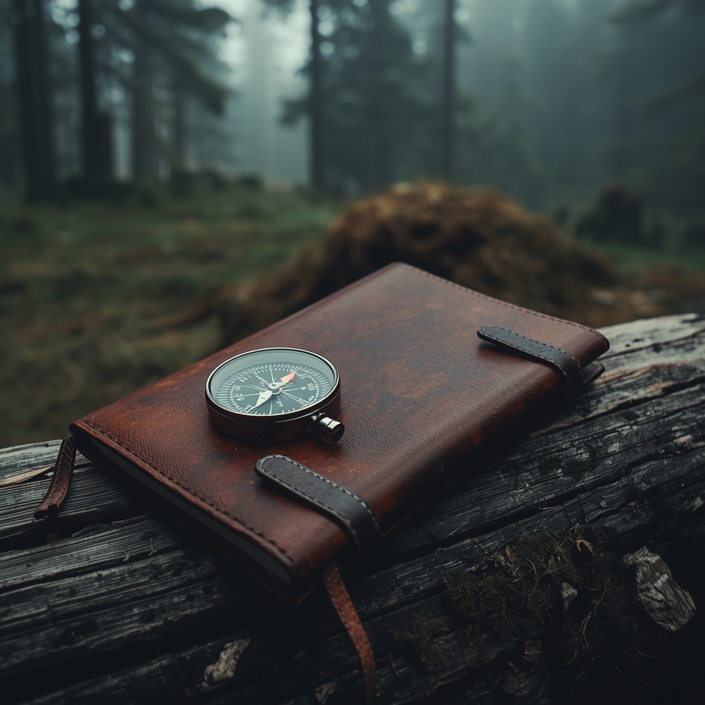 A cinematic close-up of a high-end compass and a worn leather travel journal resting on a wooden log in a misty pine forest. High resolution, professional travel photography, moody lighting. No people. No woman.